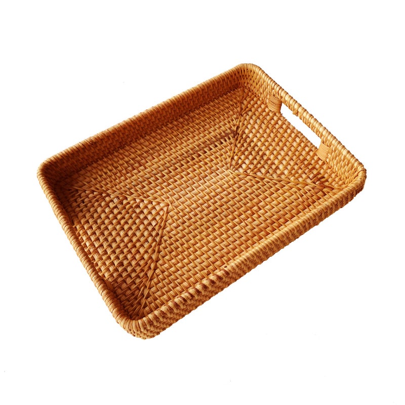 i-lan 13 Inch Handcrafted Serving Tray Rectangle Rattan Display Tray Plates with Cutout Handles and 2" Wall,Wicker Ottoman Coffee Table Decor Basket Tray Organizer Platter for Snack, Candy, Fruit,S - Image 1